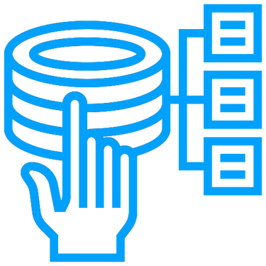 Blue icon showing a hand selecting a data cylinder connected to a site hierarchy or database structure.
