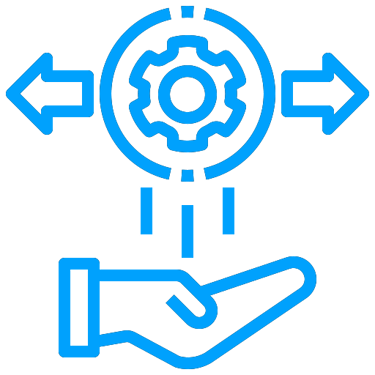 Blue line icon of a hand supporting a gear for scalable workflow automation and management.