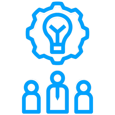 Blue icon of a light bulb inside a gear above three business people symbolizing team innovation.
