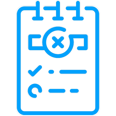 Blue neon clipboard icon showing a task list with a large cross symbol for cancelled or failed status.