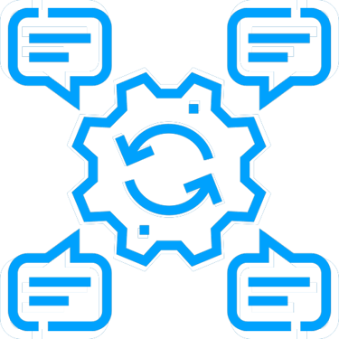 Blue automation icon featuring a gear with rotation arrows surrounded by four speech bubbles.