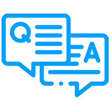 Blue Q and A speech bubbles icon for frequently asked questions and customer support.