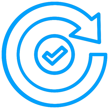 Blue neon update icon with a circular refresh arrow and checkmark on a black background.