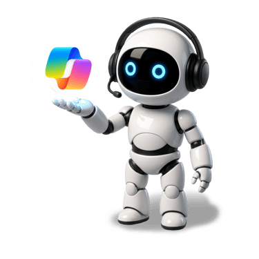 A cute white AI robot wearing headphones holding a glowing colorful Microsoft Copilot logo.