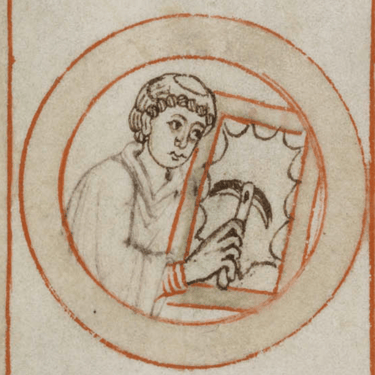 A monk scraping skin using a lunellum. (Staatsbibliothek Bamberg, Msc.Patr.5, f. 1v).