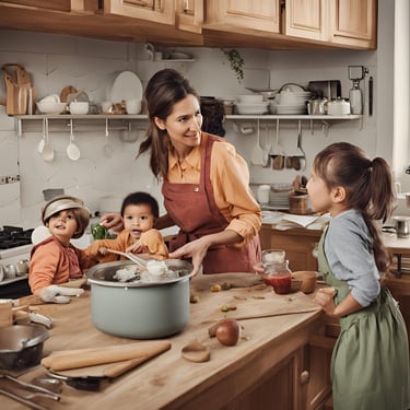 a woman in a kitchen with two children