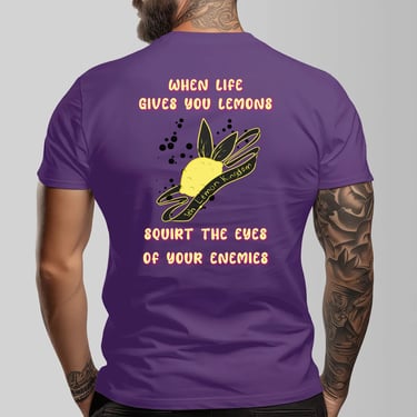 a man with tattoos on his back and a purple shirt