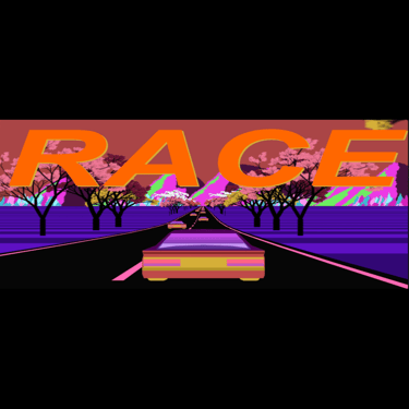 a car racing game driving down a road with a bright orange and purple background