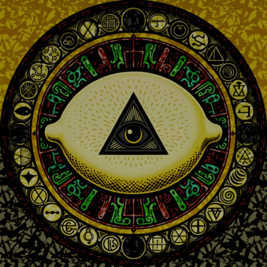 Occult lemon art featuring an Eye of Providence triangle and mystical alchemical symbols in a circular mandala design.