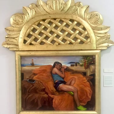 Parody of Flaming June by Sir Frederick Leighton. This piece depicts a Puerto Rican woman charging her old iPhone.