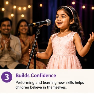 Child performing confidently on stage after developing singing skills through music education