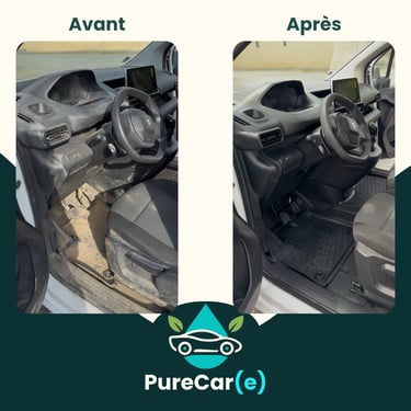 Intérieur automobile transformé après intervention Pure Car(e) : sièges, tapis et plastiques parfaitement nettoyés