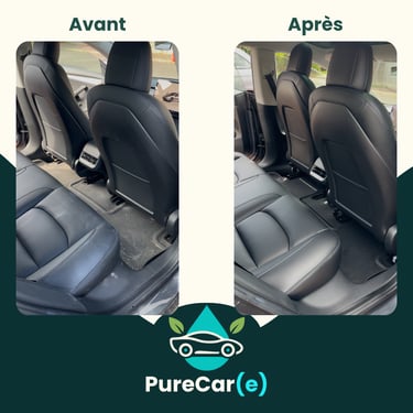 Comparatif visuel avant/après traitement des plastiques et tapis par PureCar(e), habitacle nettoyé