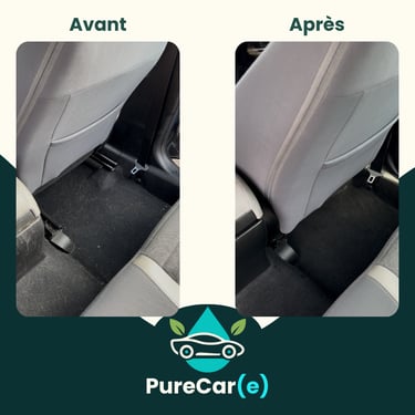 Intérieur de voiture avant et après PureCar(e) : lavage des vitres, aspiration et rénovation des surfaces