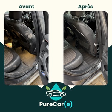 Comparaison avant et après le nettoyage intérieur d’une voiture par PureCar(e), tapis et sièges impeccables