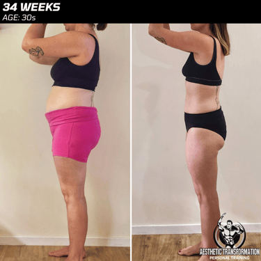 Stevie’s weight loss transformation before and after – 34 weeks side view