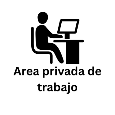 Black office icon of a person at a computer desk with text reading Area privada de trabajo.