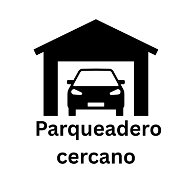 Icono de parqueadero cercano con silueta de auto en garaje y texto descriptivo en negro.