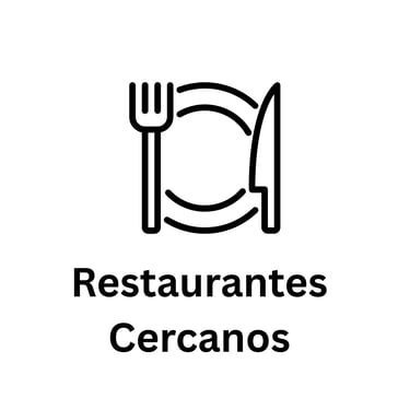 Icono de plato con cubiertos y texto de restaurantes cercanos para guía gastronómica local.