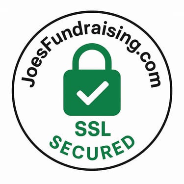 Circular badge displaying “JoesFundraising.com SSL Secured” with a green padlock icon, indicating the website is protected