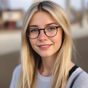 a young lady with blonde hair and glasses