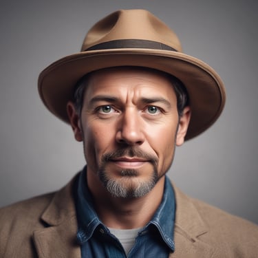 a middle aged man with brown hair wearing a hat