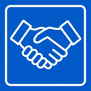 a blue and white sign with a handshake