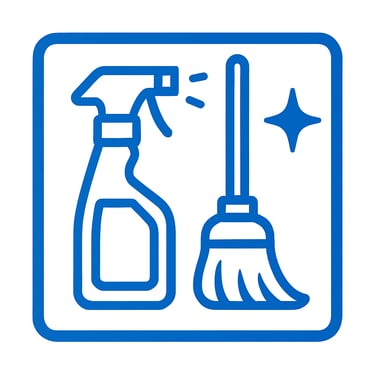 a blue and white sign with a cleaning brush and a broom