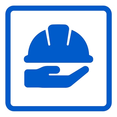 a blue and white sign with a helmet on it