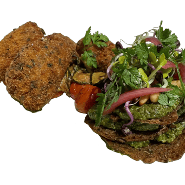 Bufala panée et mille feuilles de bruscheta au pesto