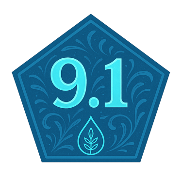 Blue pentagon badge with Evellon Oils score of 9.1 and a glowing leaf drop icon.