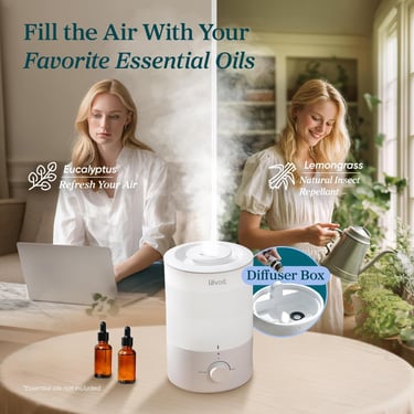 Levoit humidifier with mist rising between two women using eucalyptus and lemongrass oils