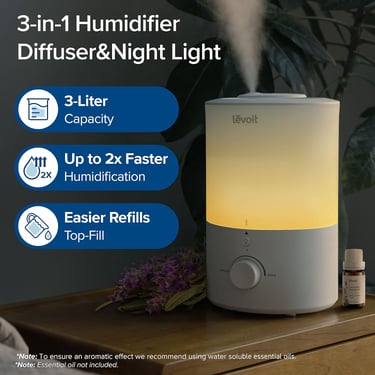 White Levoit humidifier glowing beside lavender sprigs with 3 key features listed on left