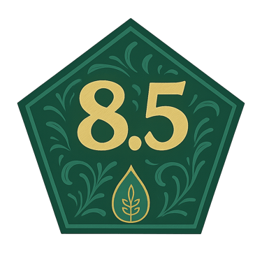 Green pentagon badge showing Evellon Oils score of 8.5 with leaf icon.