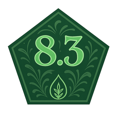 Green pentagon badge showing Evellon Oils score of 8.3 with leaf icon