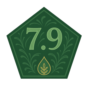 Green pentagon badge displaying Evellon Oils score of 7.9 with elegant leaf drop icon