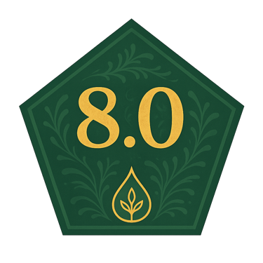 Green pentagon badge displaying Evellon Oils score of 8.0 with elegant leaf drop design