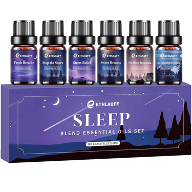 Ethlauff Sleep Blend Essential Oils set of 6 bottles in purple box with moon and trees design