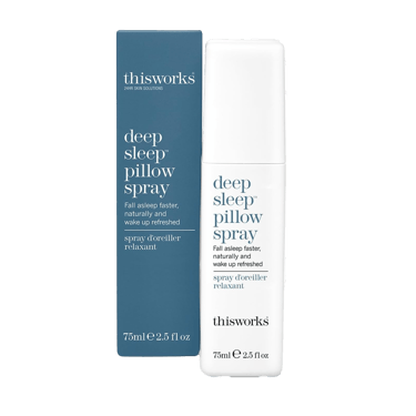 This Works Deep Sleep Pillow Spray bottle and box showing label to aid natural restful sleep