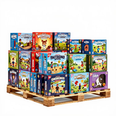 Clean centered product group shot of wholesale board games and boxed toys stacked neatly on a warehouse pallet, bright high-key lighting