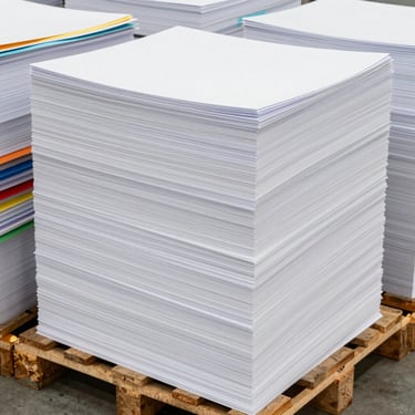 Straight-on clean shot of stacked reams of white copy paper and colored construction paper on a wooden pallet, sharp focus