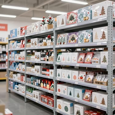Neat rows of packaged retail novelty items and seasonal decorations on industrial metal shelving units, bright lighting