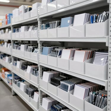 Organized warehouse shelves with bulk stationery cartons containing notebooks, pens, and school supplies, industrial commercial photography