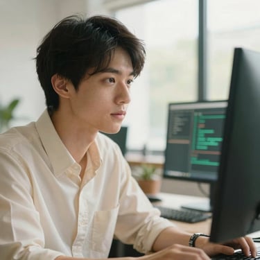 Close-up portrait of a software engineer looking at a screen in a bright modern office, warm editorial photography, 35mm, soft natural light, cream tones