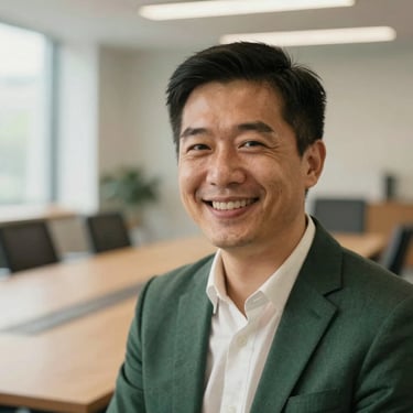 Close-up portrait of a startup growth advisor smiling warmly in a modern boardroom, warm editorial photography, 35mm, soft natural light, professional