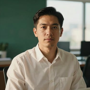 Close-up portrait of a professional financial analyst in a sunlit Mexico City office, warm editorial photography, 35mm, soft natural light, deep green accents