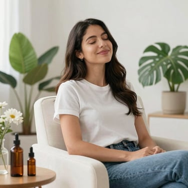 Una mujer relajada sentada disfrutando de la aromaterapia y los aceites esenciales