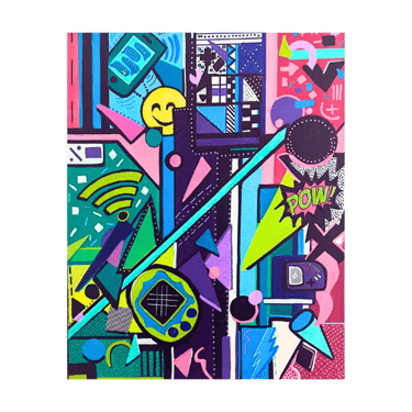 Colorful Pop Art by Frankie Cervantes, includes the fun tech items of the 90s. Art by Frankie
