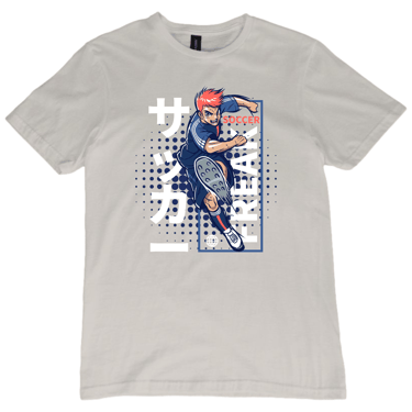 Soccer Freak anime style graphic on short sleeve ice gray t-shirt