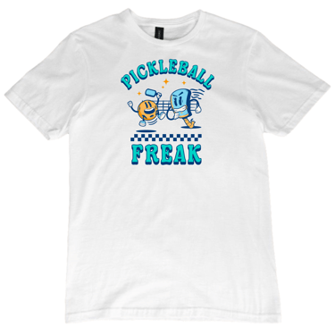 Pickleball Freak mascots playing pickleball on short sleeve white t-shirt